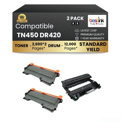 Brother TN450 DR420 Compatible Toner Cartridge and Drum Combo(1 DRUM & 2 TONER)