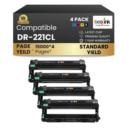 Tambour compatible Brother DR-221CL (noir/crème/métal/jaune) (lot de 4)