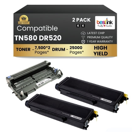 Brother TN580 DR520 Compatible 2 Toner 1 Drum Unit Black High Yield ( Combo ) ( 2 Pack )