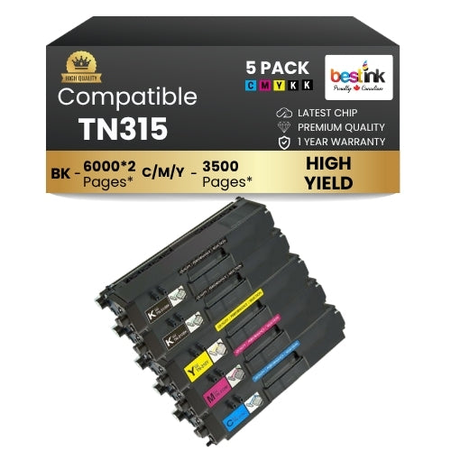 Cartouche de toner compatible Brother TN315, haut rendement, 2BK/C/M/Y (lot de 5)