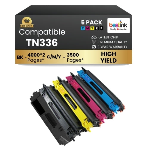 Cartouches de toner compatibles Brother TN336 (2BK/C/M/Y) (lot de 5)