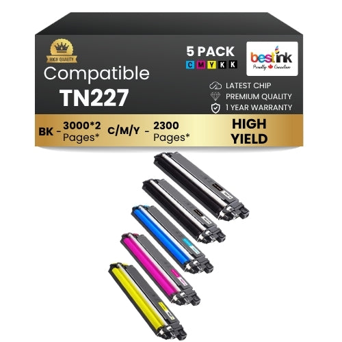 Cartouche de toner compatible Brother TN227, haut rendement, avec puce (lot de 5)