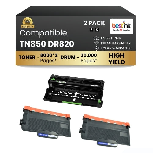 Brother TN850 DR820 Compatible Black 2 Toner Cartridge & 1 Drum ( Combo )High Yield ( 2 Pack )