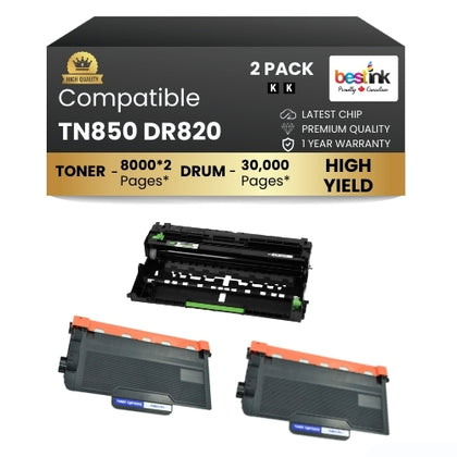 Brother TN850 DR820 Compatible Black 2 Toner Cartridge & 1 Drum ( Combo )High Yield ( 2 Pack )