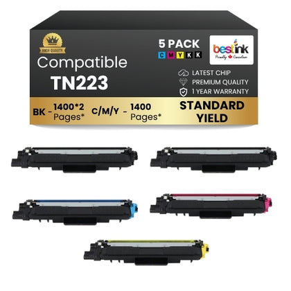 Cartouche de toner compatible Brother TN223 avec puce 2BK/C/M/Y (lot de 5)