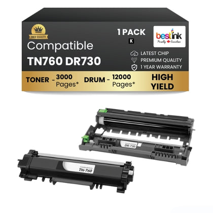 Compatible Brother TN760 DR730 Toner Cartridge & Drum Unit Black( Combo )High-Yield ( 1 Pack )