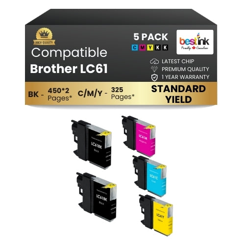 Brother LC61 Compatible Ink Cartridge BK/C/M/Y ( 5 Pack ) Standard Yield