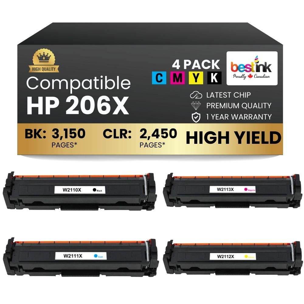 Cartouche de toner compatible HP 206X haute capacité, combo noir/c/magenta/jaune (lot de 4)