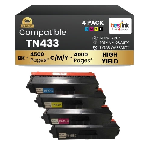 Compatible Brother TN433 Toner Cartridge High Yield BK/C/M/Y (4 Pack)