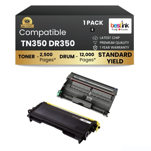 Brother TN350 DR350 Compatible Black Toner Cartridge and Drum Combo ( 1 Pack ) (1 Drum 1 Toner)