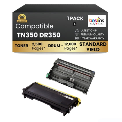 Brother TN350 DR350 Compatible Black Toner Cartridge and Drum Combo ( 1 Pack ) (1 Drum 1 Toner)