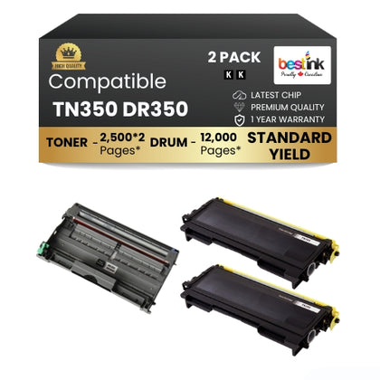 Brother TN350 DR350 Compatible Black Toner Cartridge and Drum Combo (1 Drum and 2 Toner) in ( 2 Pack )