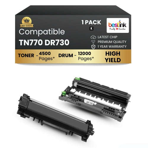 Brother TN770 DR730 Compatible Black Toner Cartridge & Drum Combo High Yield ( 1 Pack )