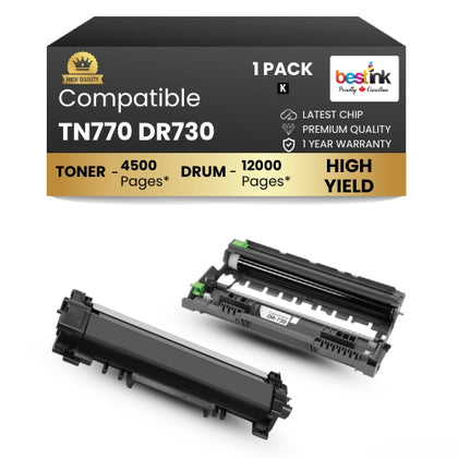 Brother TN770 DR730 Compatible Black Toner Cartridge & Drum Combo High Yield ( 1 Pack )