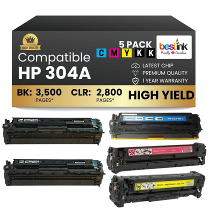 Compatible HP 304A Toner Cartridge Combo Standard Yield 2BK/C/M/Y (5 Pack)