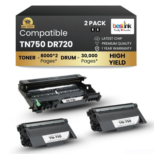 Brother TN750 DR720 Compatible 2 Toner Cartridge and 1 Drum Unit Combo High Yield