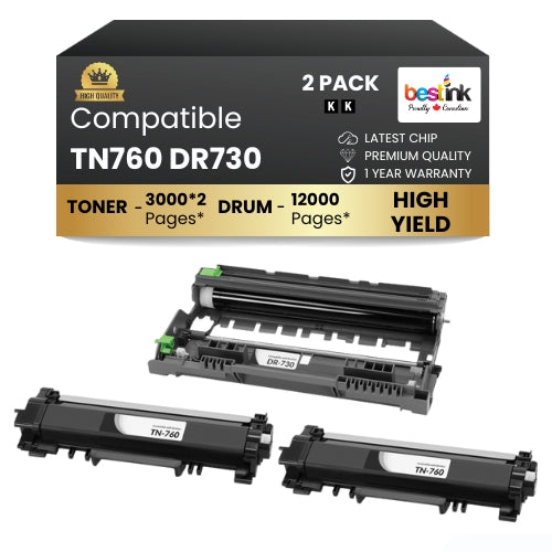 Compatible Brother TN760 DR730  2 Toner Cartridge & 1 Drum Unit( Combo )Black High-Yield ( 2 Pack )