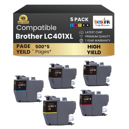 Brother LC401XL Compatible Ink Cartridge BK/C/M/Y (5 Pack )  High Yield