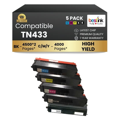 Cartouche de toner compatible Brother TN433 haute capacité 2BK/C/M/Y (lot de 5)