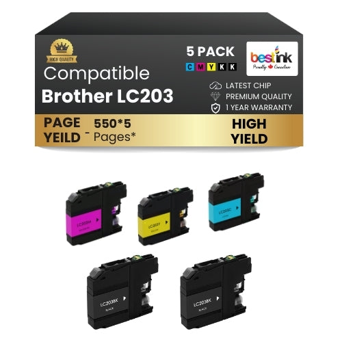 Brother LC203 Compatible Ink Cartridge BK/C/M/Y ( 5 Pack ) High Yield