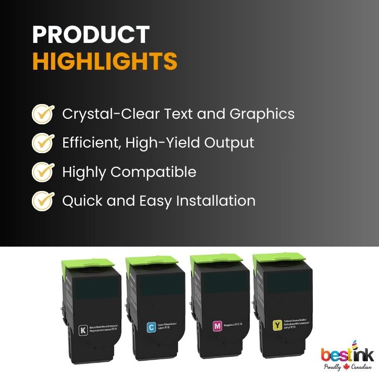 Lot de 4 toners compatibles Lexmark 78C10 (noir, cyan, magenta et jaune)