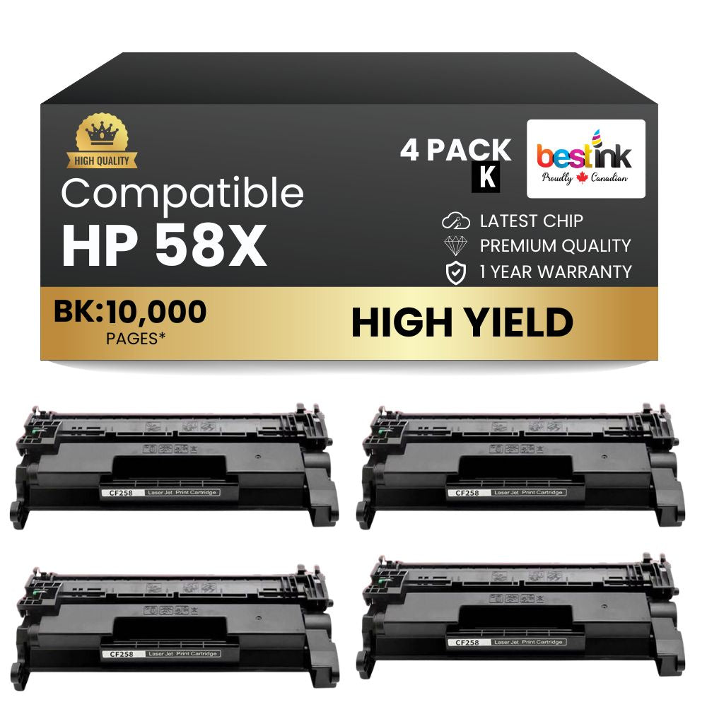 Compatible HP 58X CF258X Black Toner Cartridge High Yield - With Chip (4 Pack)