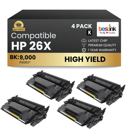 Compatible HP 26X CF226X Black Toner Cartridge (4 Pack)