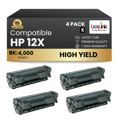 Cartouches de toner noir haute capacité compatibles HP 12X Q2612X (lot de 4)