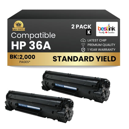 Compatible HP 36A CB436A Black Toner Cartridge (2 Pack)