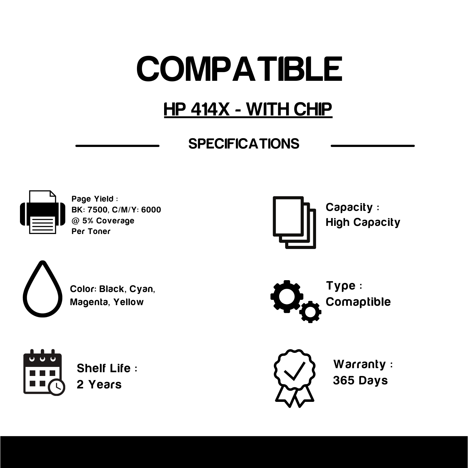 Cartouche de toner compatible HP 414X, haut rendement, noir/c/magenta/jaune, avec puce
