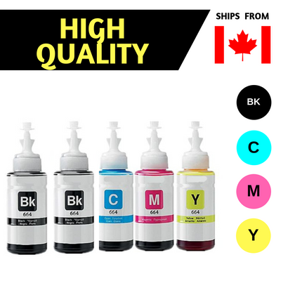 Cartouches d'encre compatibles pour imprimantes 664 T664 (2 noires, 1 cyan, 1 magenta, 1 jaune, lot de 5) pour imprimantes Expression ET-2500, ET-2550, ET-2600 et WorkForce ET-4500 (noir jusqu'à 4 000 pages et cyan, magenta et jaune jusqu'à 6 500 pages).
