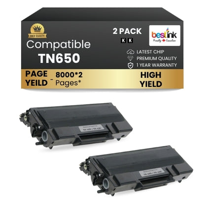 Brother TN650 Compatible Black Toner Cartridge High Yield (2 Pack)