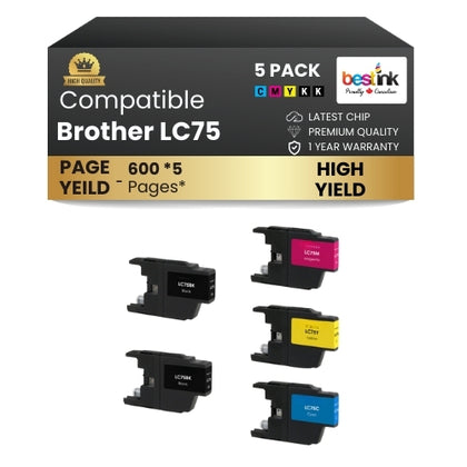 Brother LC75 Compatible Ink Cartridge BK/C/M/Y ( 5 Pack ) High Yield
