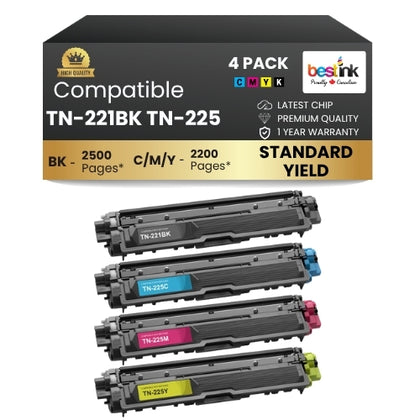 Brother TN-221BK TN-225 C/M/Y Compatible Toner Cartridge Combo (4 Pack)