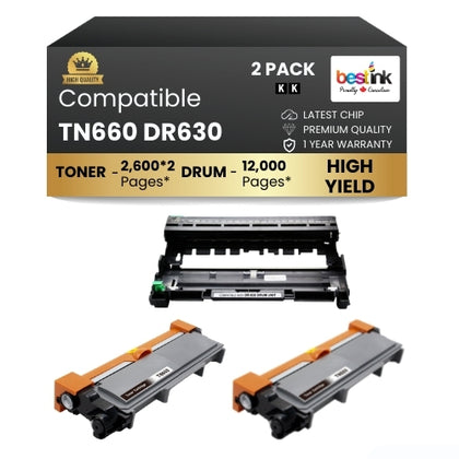 Compatible Brother TN660 DR630 Black Toner Cartridge and Drum Combo (1 DRUM & 2 TONER) in ( 1 Pack )