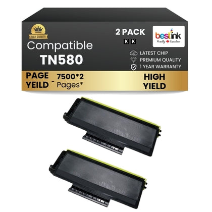 Brother TN580 Compatible Black Toner Cartridge High Yield (2 Pack)