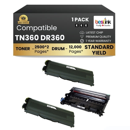 Brother TN360 DR360 Compatible Black Toner Cartridge and Drum Combo(1 DRUM & 2 TONER)