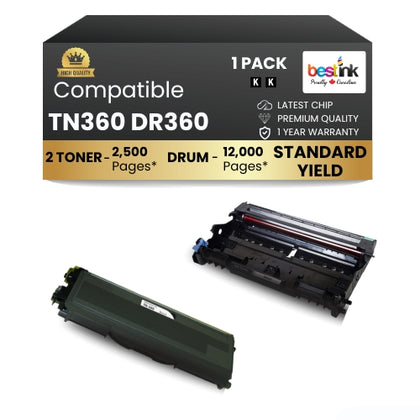 Compatible Brother TN360 DR360 Black Toner Cartridge and Drum Combo(1 DRUM & 1 TONER)