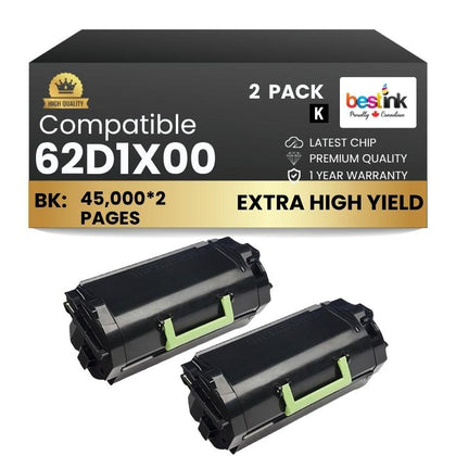 Compatible Lexmark  62D1X00 Black Toner Cartridge 2 Pack