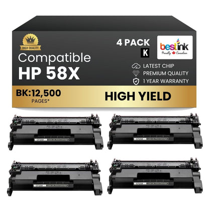 Compatible HP 58X CF258X Black Toner Cartridge High Yield - With Chip (4 Pack)