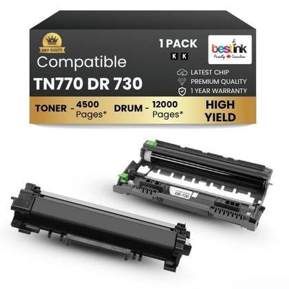 Brother TN770 DR 730 Compatible Black Toner Cartridge & Drum Combo High Yield ( 1 Pack )