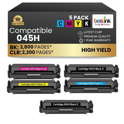 Canon 045H Combo Compatible Toner Cartridge High Yield 5 Pack (2 Black,1 Cyan,1 Magenta,1 Yellow)