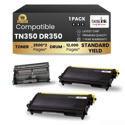 Brother TN350 DR350 Compatible Black Toner Cartridge and Drum Combo (1 Drum and 2 Toner)