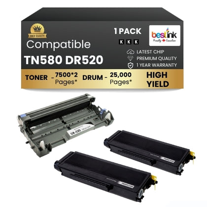 Brother TN580 DR520 Compatible 2 Toner 1 Drum Unit Black High Yield ( Combo )
