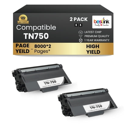 Brother TN750 Compatible Black Toner Cartridge ( 2 Pack ) High Yield