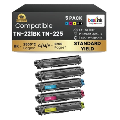 Brother TN-221BK TN-225 2BK/C/M/Y Compatible Toner Cartridge Combo (5 Pack)