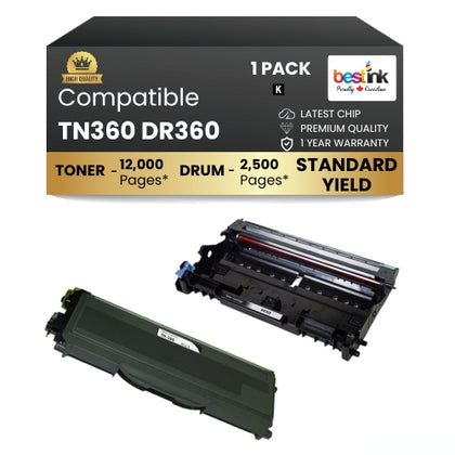 Compatible Brother TN360 DR360 Black Toner Cartridge and Drum Combo(1 DRUM & 1 TONER)