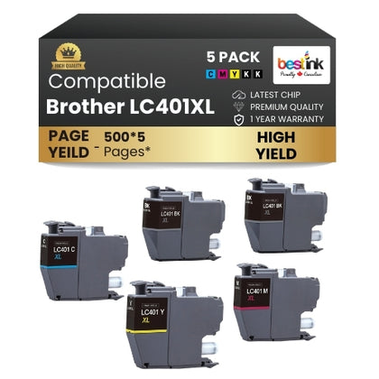 Brother LC401XL Compatible Ink Cartridge BK/C/M/Y (5 Pack )  High Yield