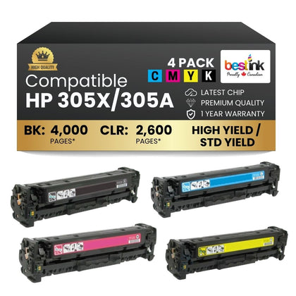 Compatible HP 305X -305A Toner Cartridge Combo High Yield (4 Pack)