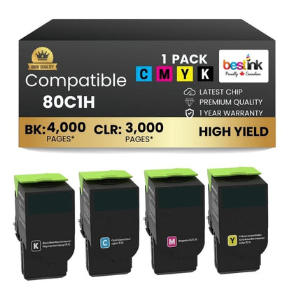 Compatible Lexmark 80C1H, Black, Cyan,Magenta,Yellow Toner 4 Pack Combo
